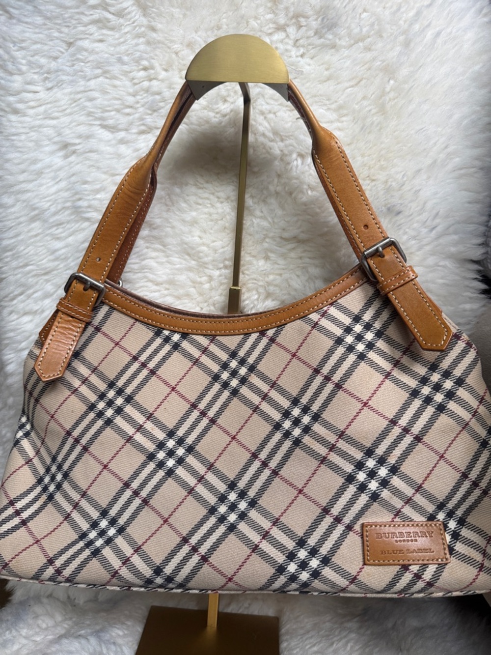Burberry Beige Check Shoulder Bag with Tan Leather Straps